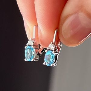 Russian earrings 14k white gold. Diamond and blue topaz